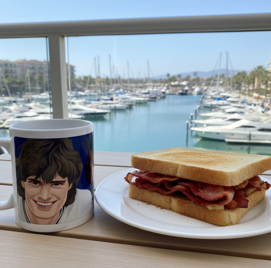 Retrotext Tottenham Hotspur mug featuring Glenn Hoddle next to a bacon sandwich on a balcony overlooking a marina