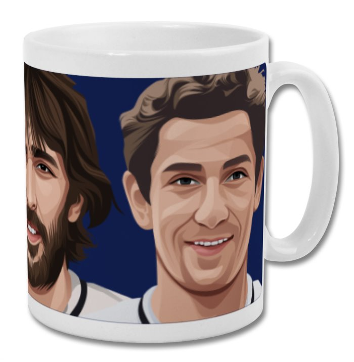Retrotext Tottenham Hotspur mug featuring illustrated portraits of Hoddle, Villa, and Ardiles on a glossy white finish.