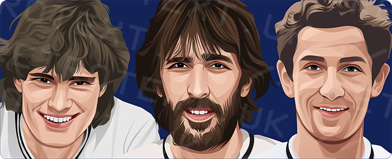 Retrotext Tottenham Hotspur mug featuring illustrated portraits of Glenn Hoddle, Ricky Villa, and Ossie Ardiles