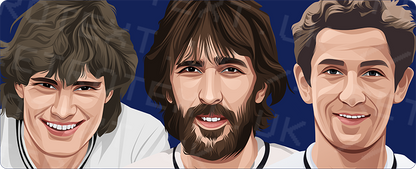 Retrotext Tottenham Hotspur mug featuring illustrated portraits of Glenn Hoddle, Ricky Villa, and Ossie Ardiles