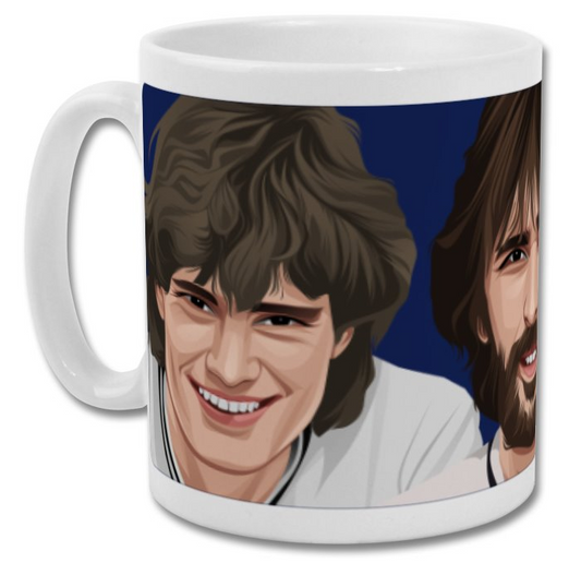 Retrotext Tottenham Hotspur mug featuring illustrated portraits of Glenn Hoddle, Ricky Villa, and Ossie Ardiles.