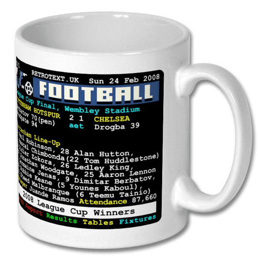 Retrotext Tottenham Hotspur 2008 League Cup Winners white ceramic mug featuring a vintage teletext football score design