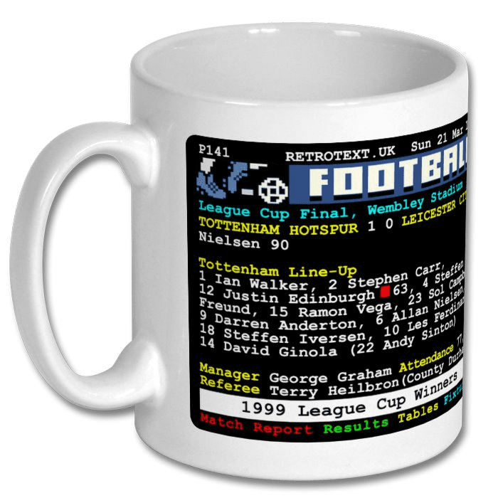 Retrotext white ceramic mug featuring a 1999 Tottenham Hotspur League Cup final teletext match report design.