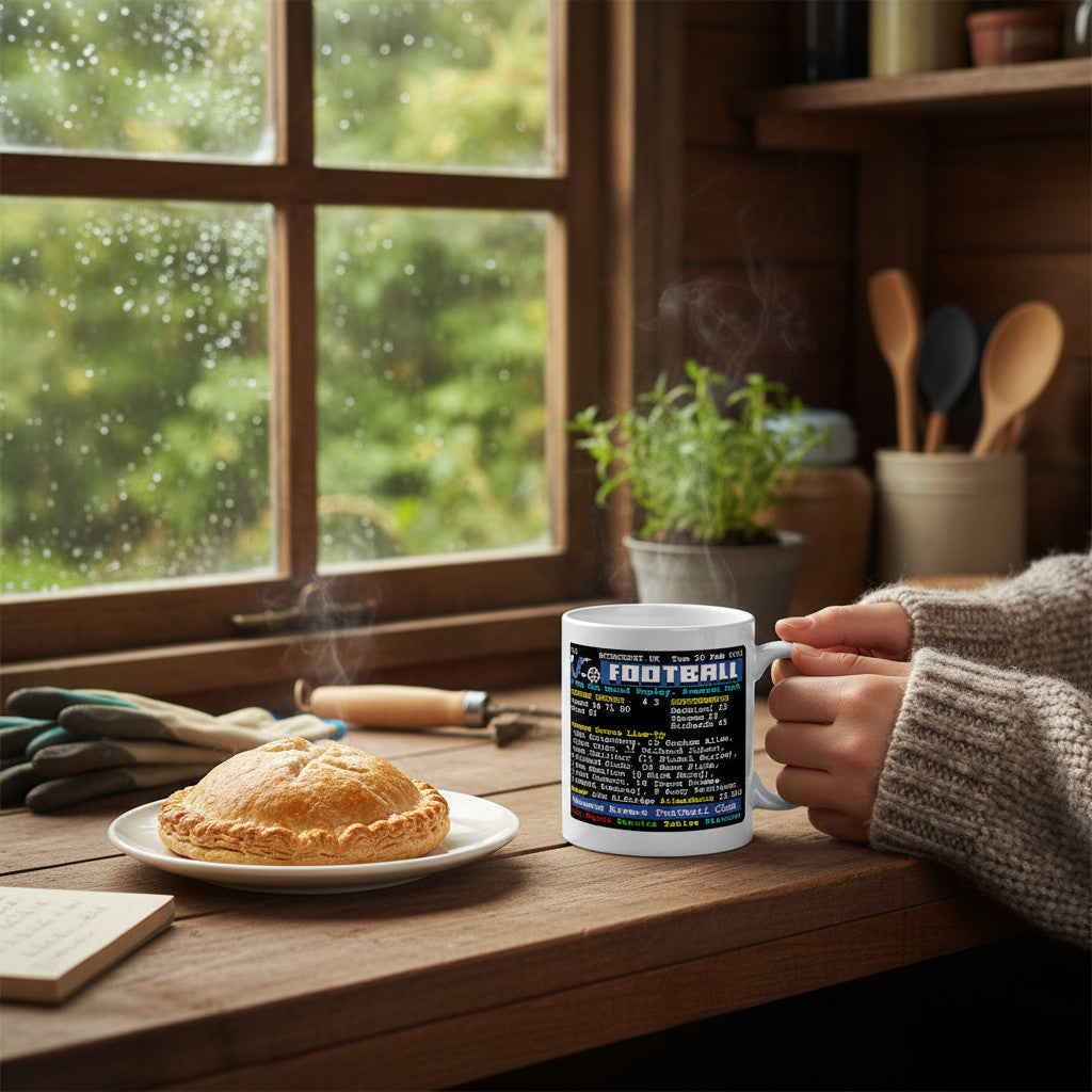 Retrotext Tranmere Rovers 2001 FA Cup Teletext mug held by a person next to a meat pie on a rustic wooden table.