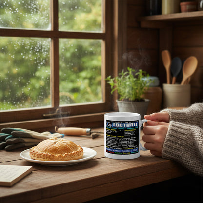 Retrotext Tranmere Rovers 2001 FA Cup Teletext mug held by a person next to a meat pie on a rustic wooden table.