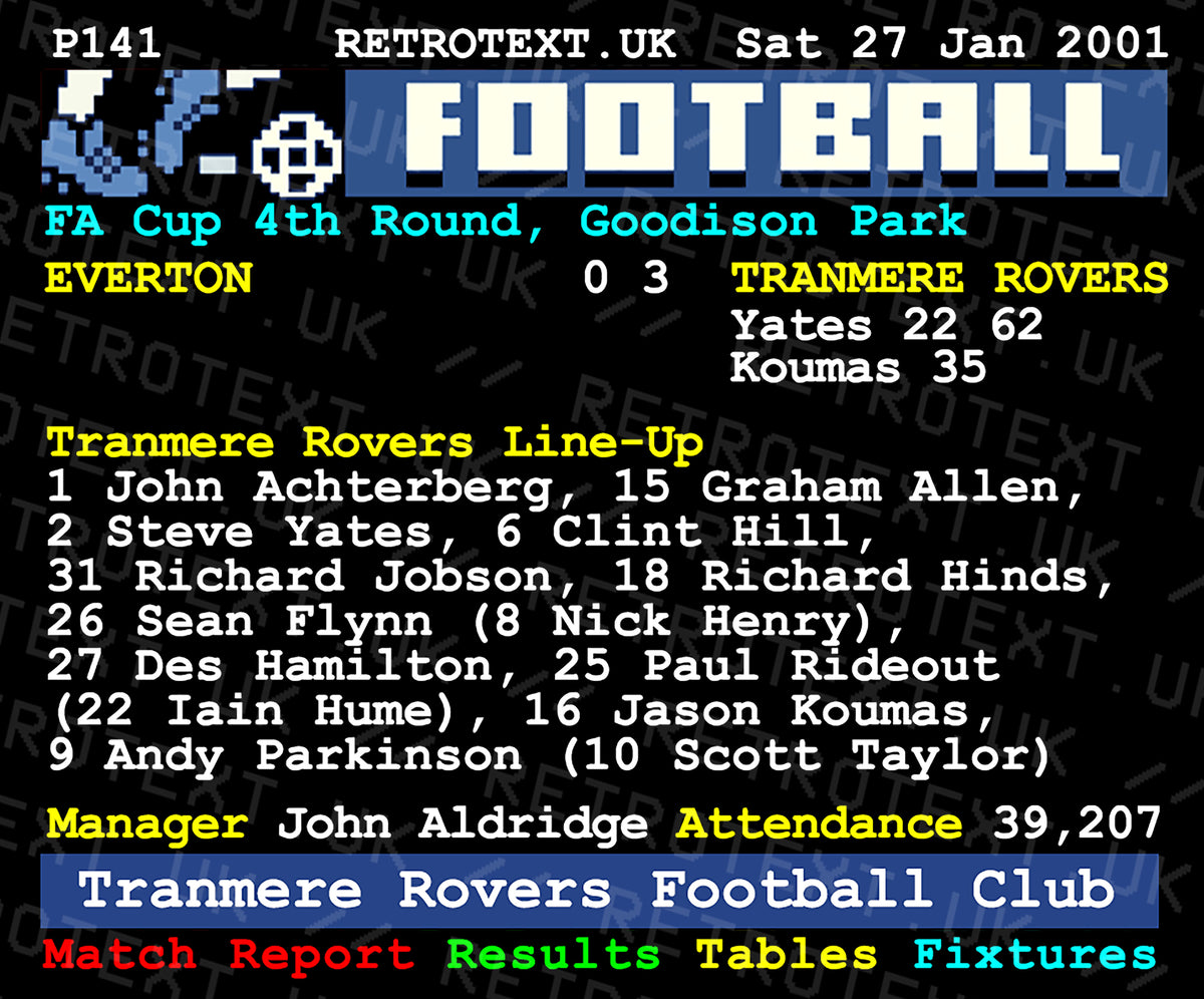 Retrotext Tranmere Rovers 2001 FA Cup Teletext mug featuring the Everton match score and team line-up in white ceramic.