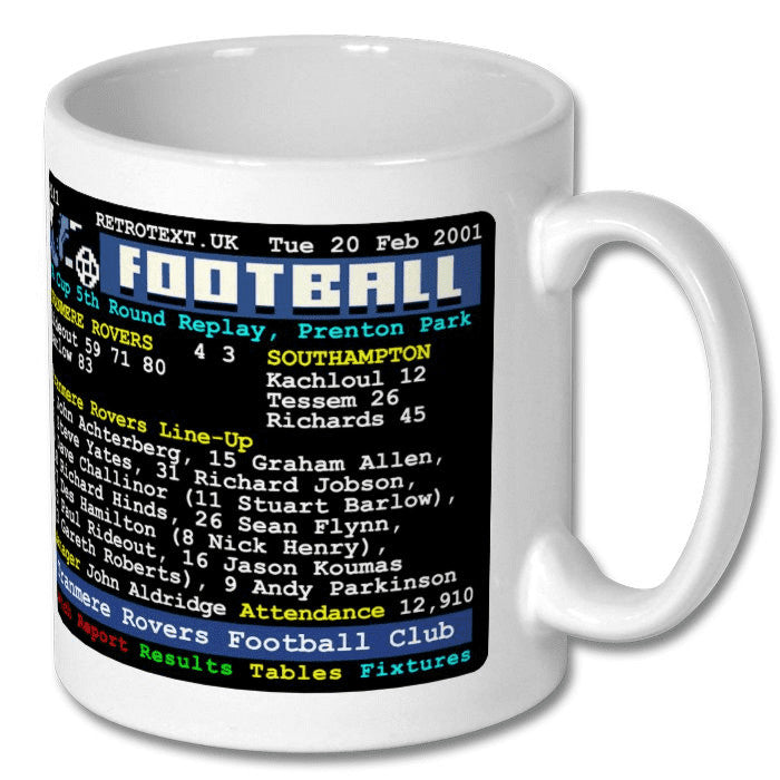 Retrotext white 11oz ceramic mug featuring a 2001 Tranmere Rovers FA Cup Teletext match report graphic