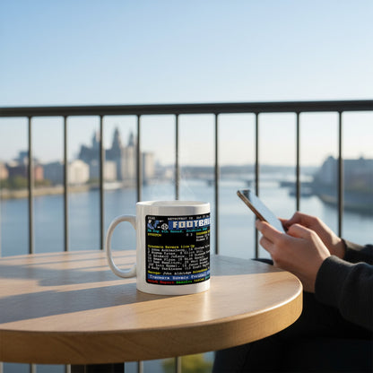Retrotext Tranmere Rovers 2001 FA Cup Teletext mug on a wooden table with a blurred city skyline background