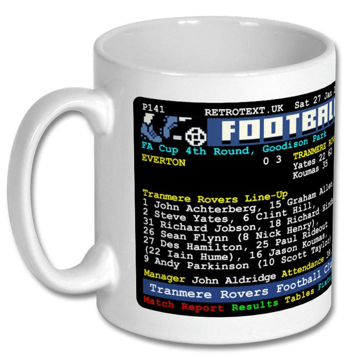 Retrotext white ceramic mug featuring a 2001 Tranmere Rovers FA Cup Teletext match report graphic