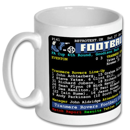 Retrotext white ceramic mug featuring a 2001 Tranmere Rovers FA Cup Teletext match report graphic