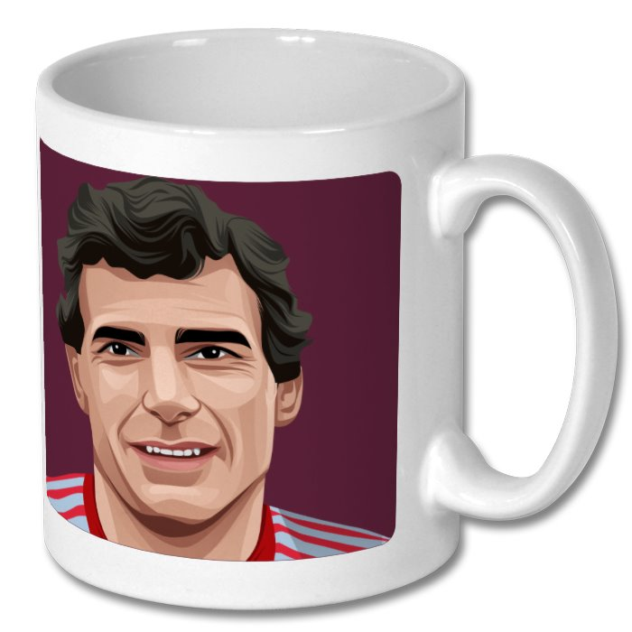 Retrotext West Ham United mug featuring a portrait of Trevor Brooking in claret and blue on a white ceramic mug.