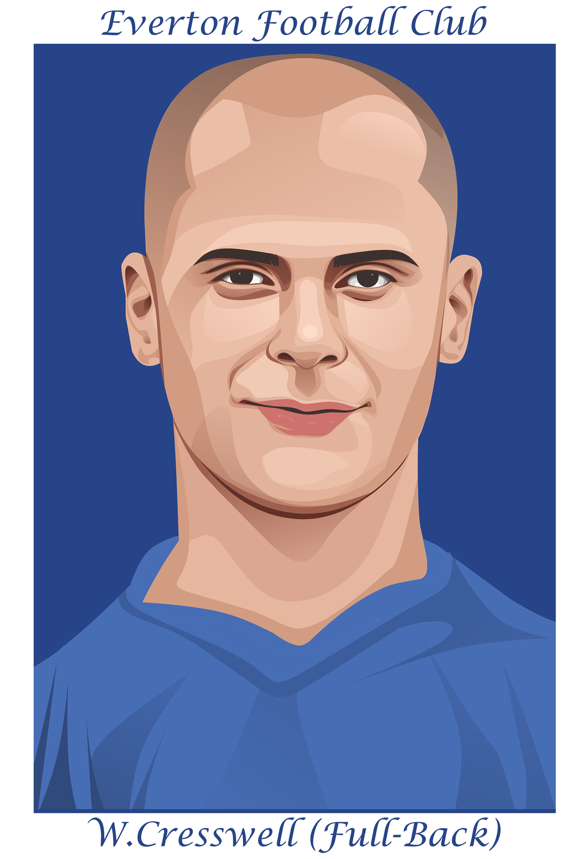 Retrotext illustration of Everton footballer W. Cresswell in a blue kit against a deep blue background
