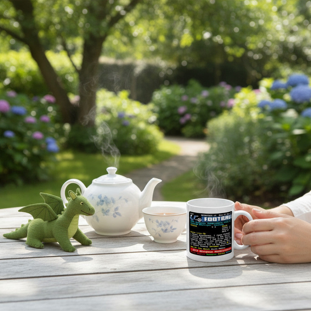 Retrotext Wales 2016 Euro football teletext ceramic mug held on a garden table with a teapot and toy dragon