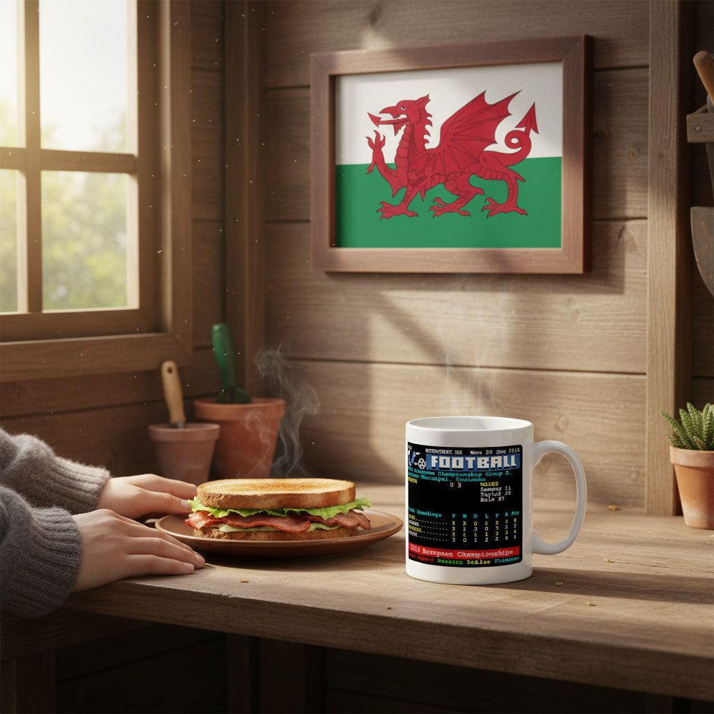 Retrotext Wales 2016 European Championships v Russia teletext ceramic mug on a wooden table with a bacon sandwich.