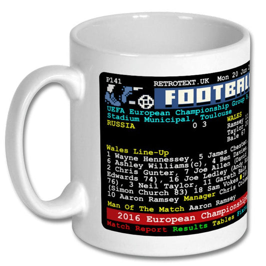 Retrotext white ceramic mug featuring a retro teletext design of the Wales vs Russia 2016 Euro football match score.