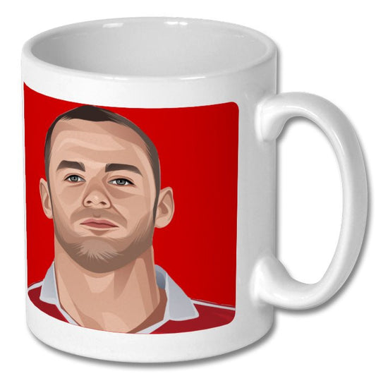 Retrotext ceramic mug featuring a graphic illustration of Wayne Rooney in a Manchester United kit on a red background