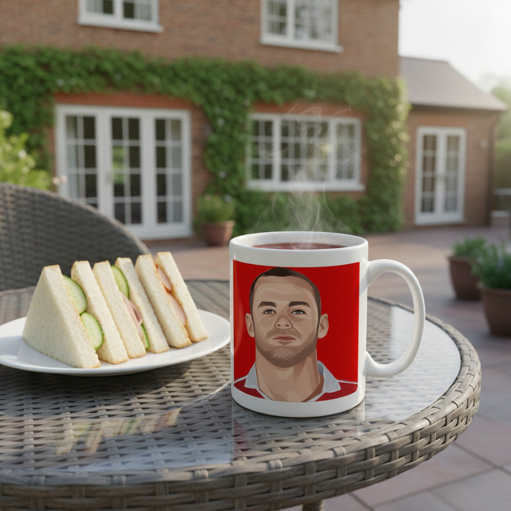 Retrotext ceramic mug featuring Wayne Rooney and Manchester United 2011 derby score on a patio table with sandwiches.