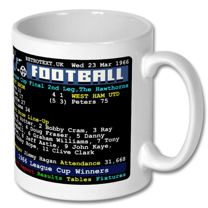 Retrotext white ceramic mug featuring a 1966 West Brom League Cup victory teletext football score graphic