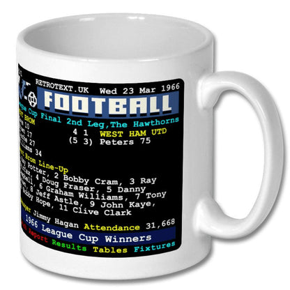 Retrotext white ceramic mug featuring a 1966 West Brom League Cup victory teletext football score graphic