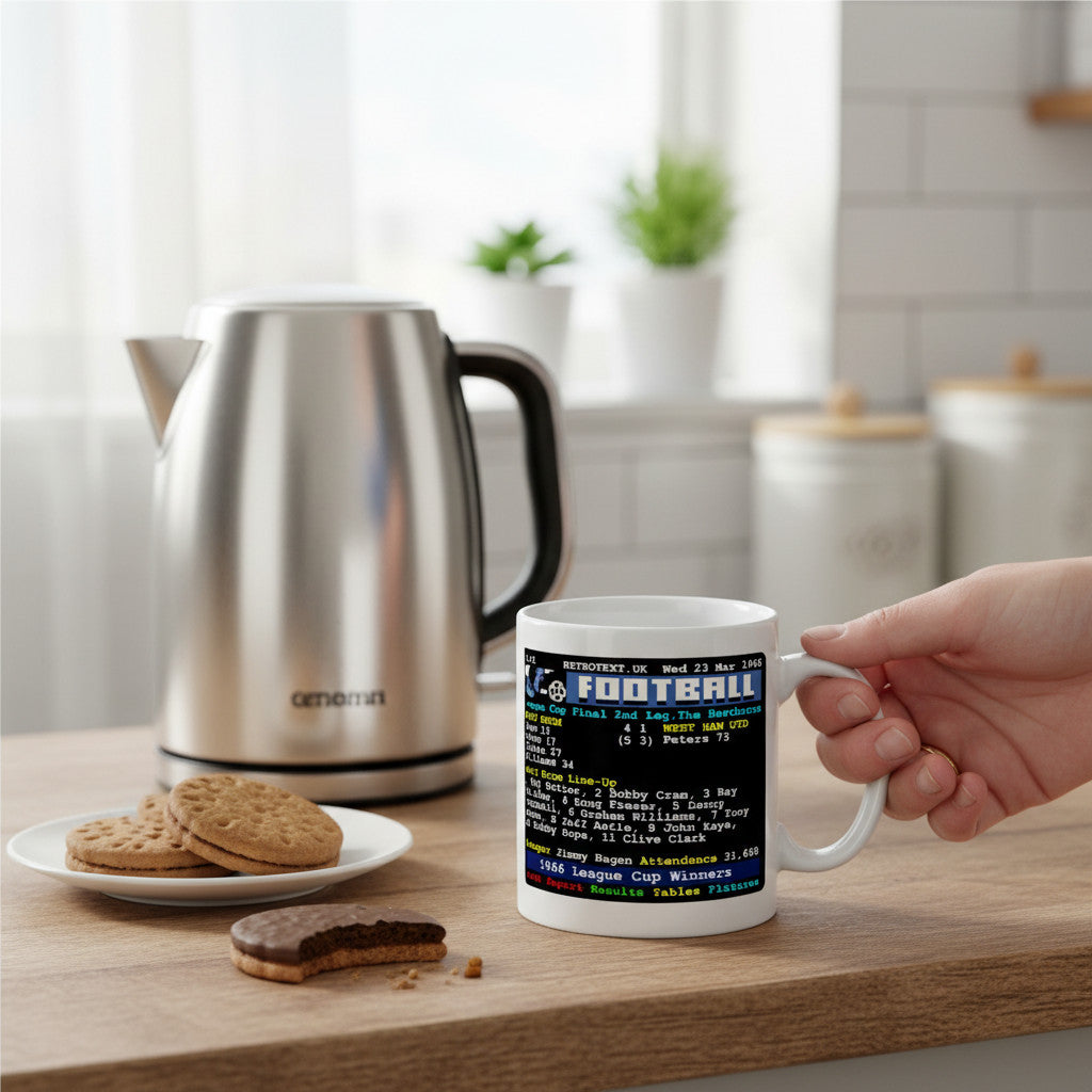 Retrotext West Brom 1966 League Cup Winners ceramic mug featuring a vintage football teletext design on a kitchen table