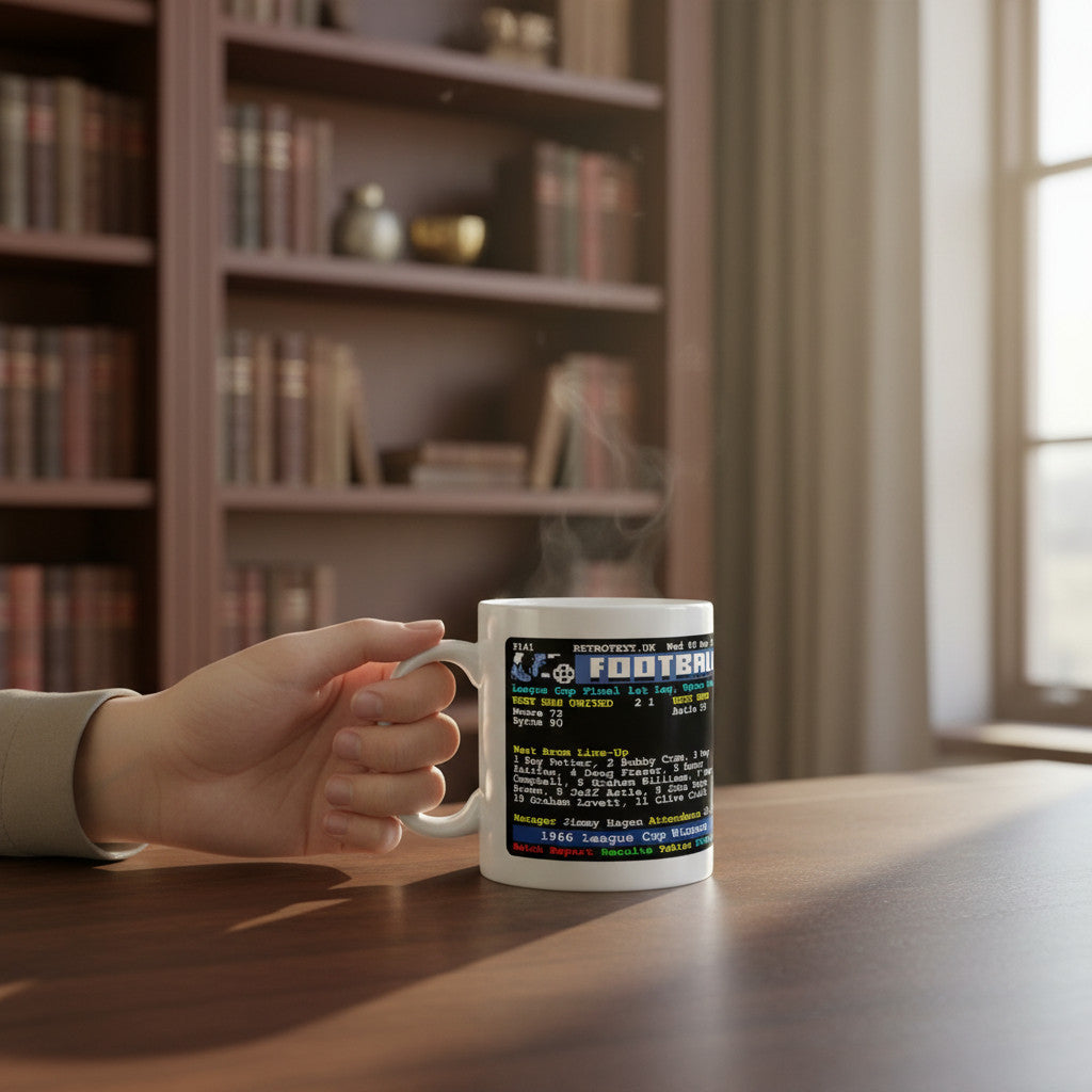 Retrotext West Brom 1966 League Cup Winners ceramic mug with vintage teletext football graphic held in a hand