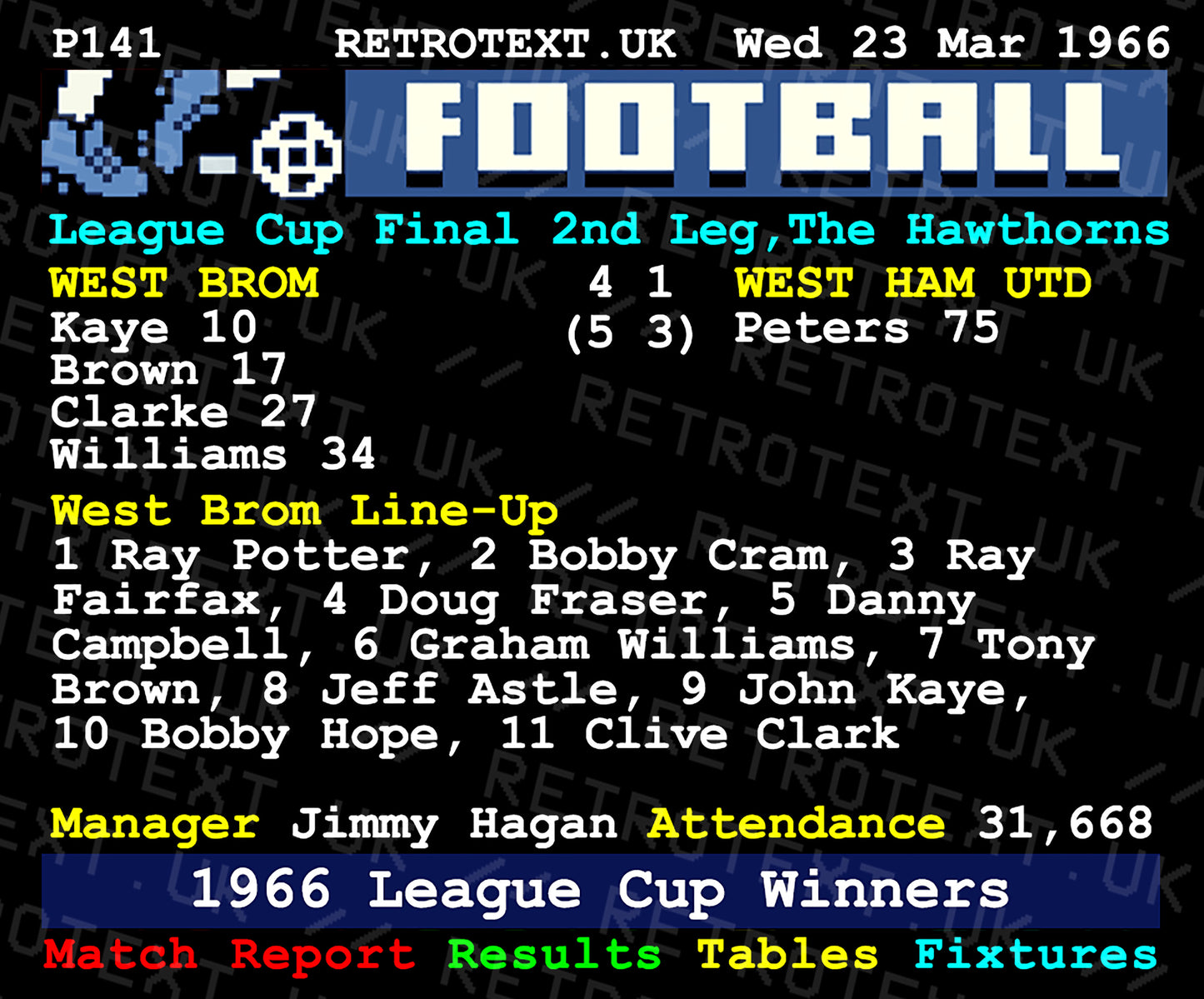 Retrotext West Brom 1966 League Cup Winners ceramic mug featuring a vintage football teletext match report design.