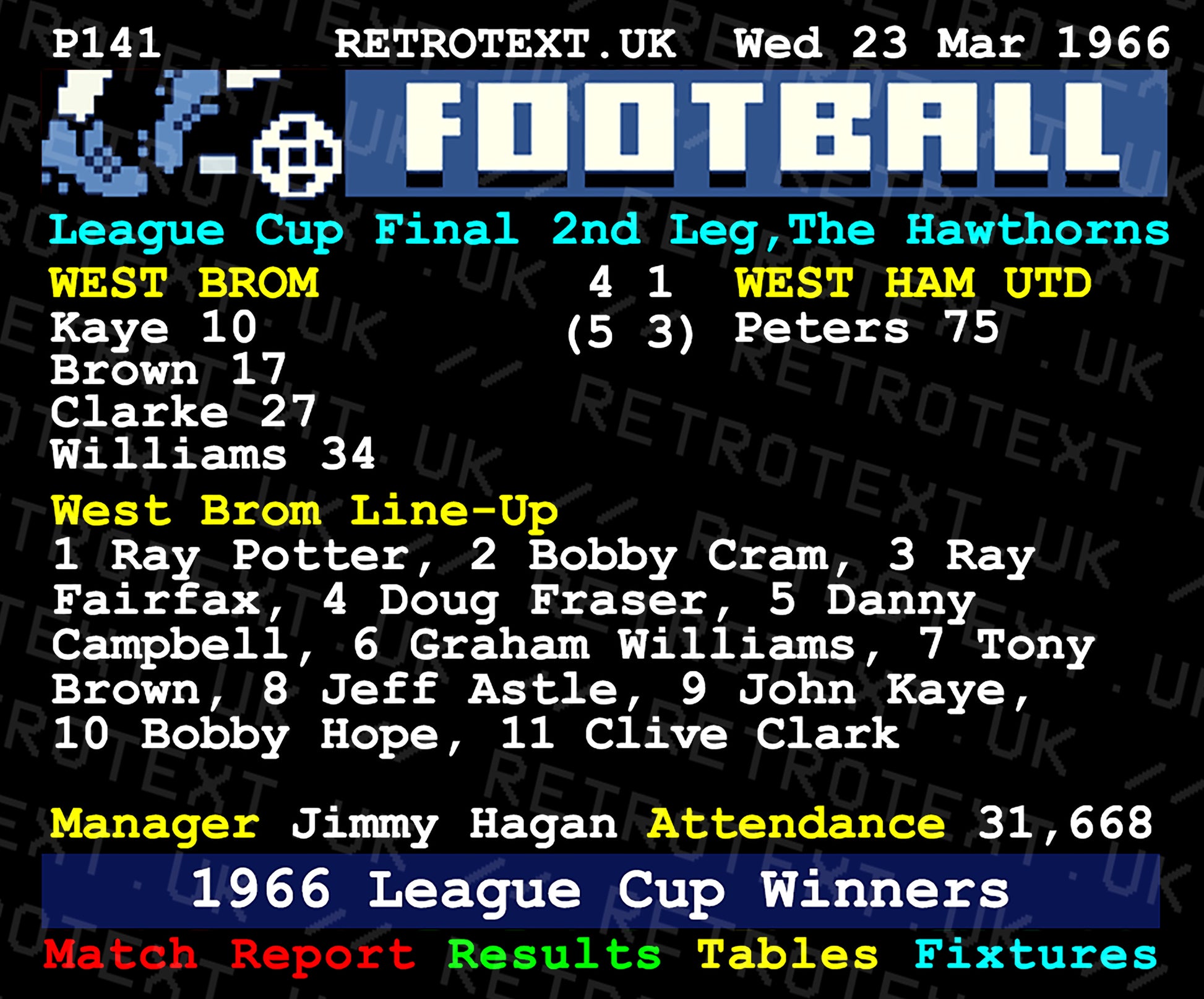 Retrotext West Brom 1966 League Cup Winners ceramic mug featuring a vintage football teletext match report design.