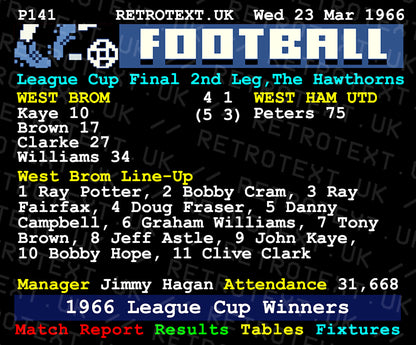 Retrotext West Brom 1966 League Cup Winners ceramic mug featuring a vintage football teletext match report design.