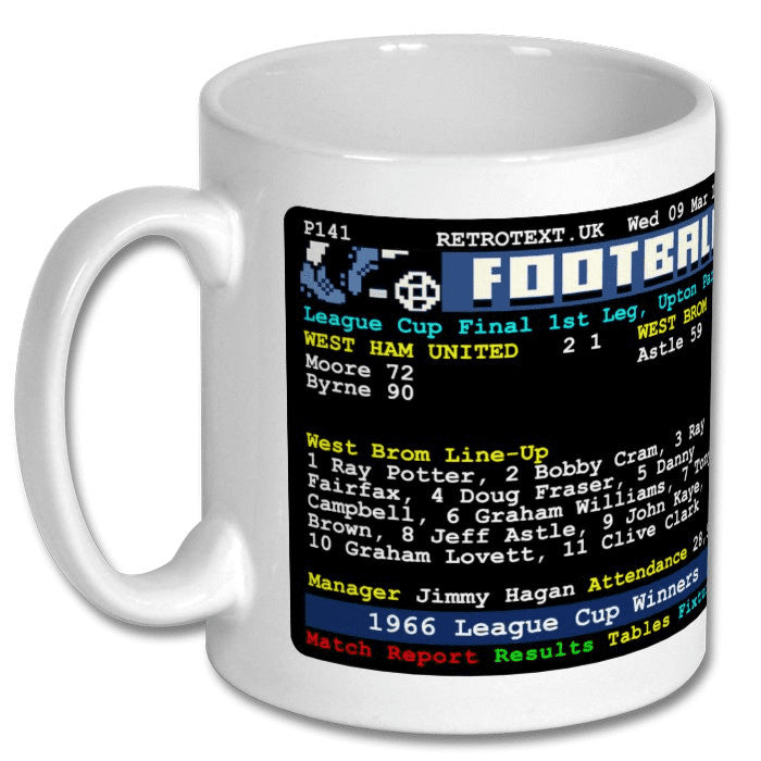 Retrotext white ceramic mug featuring a vintage 1966 West Brom League Cup Winners teletext football match graphic