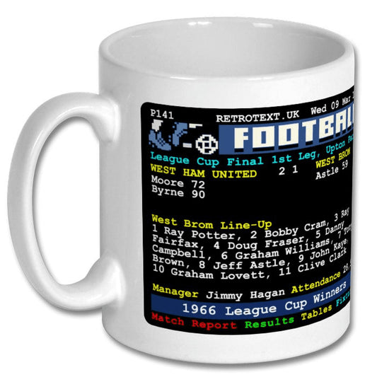 Retrotext white ceramic mug featuring a vintage 1966 West Brom League Cup Winners teletext football match graphic