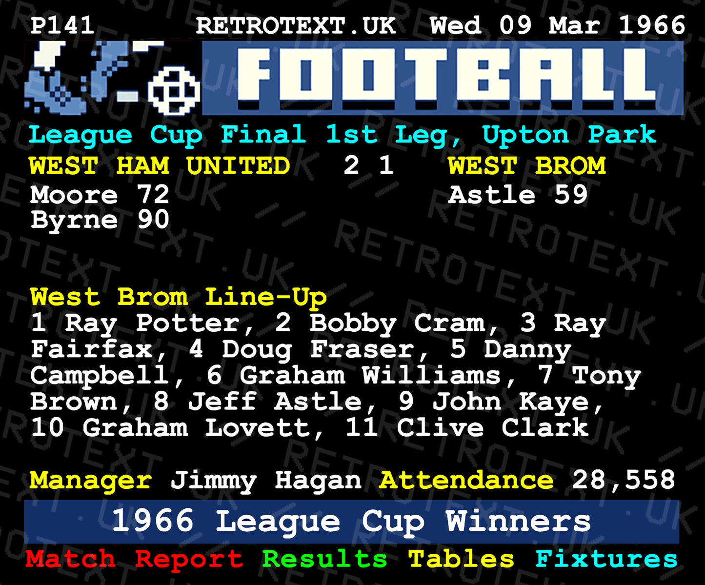 Retrotext West Brom 1966 League Cup Winners ceramic mug featuring a vintage football teletext match report design.