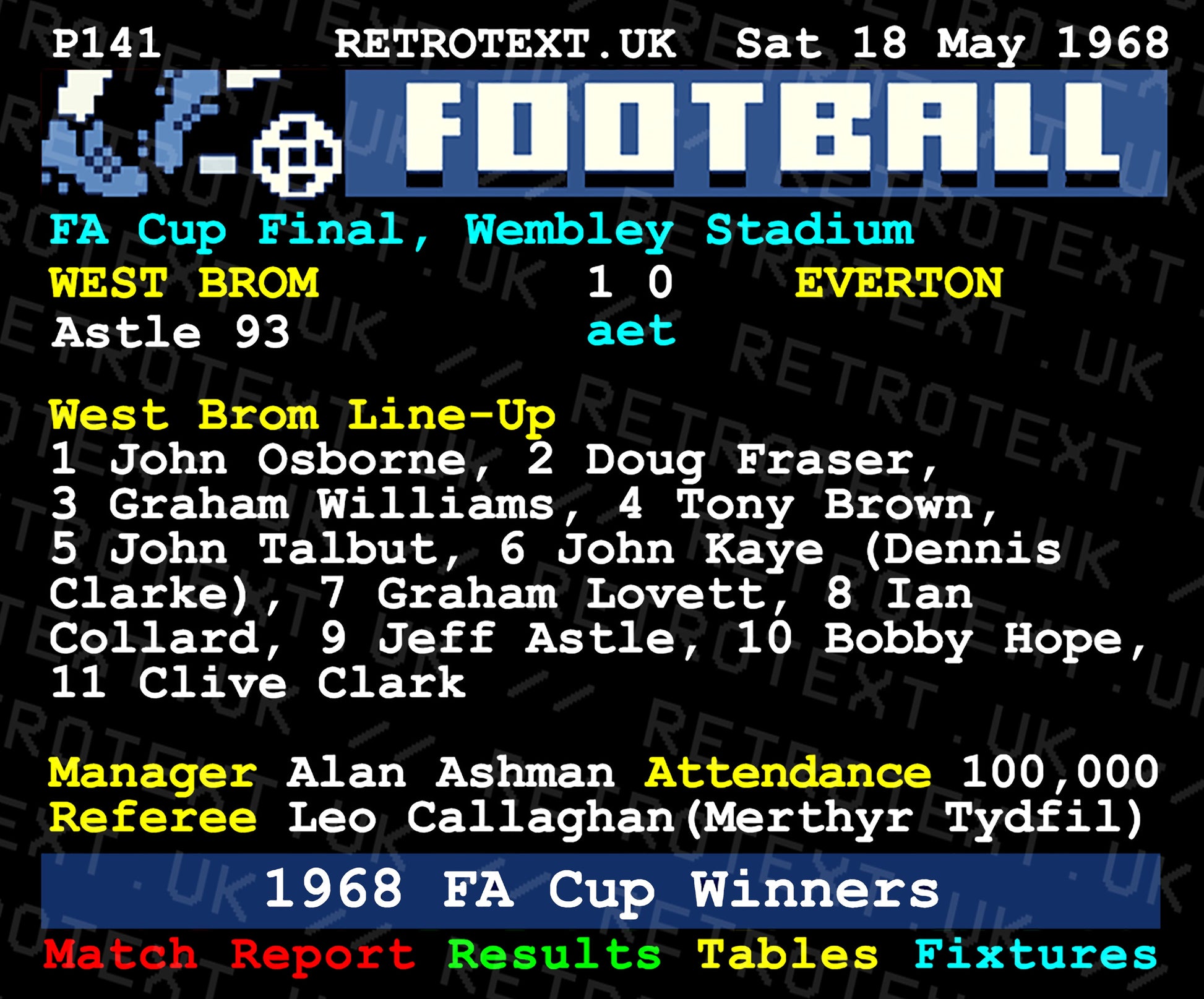 Retrotext West Brom 1968 FA Cup Winners ceramic mug featuring a vintage teletext design of the match score and lineup.