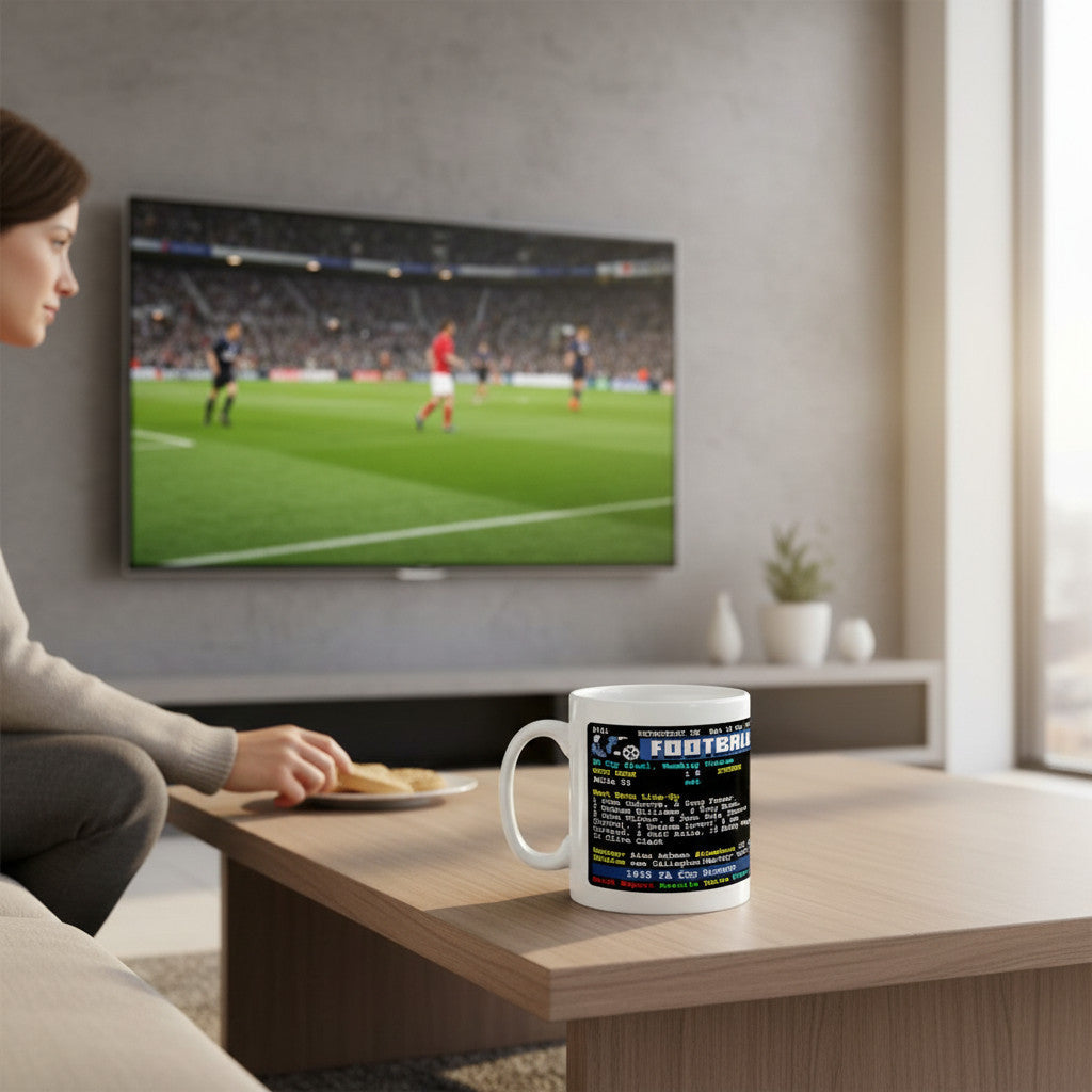 Retrotext West Brom 1968 FA Cup Winners ceramic mug with Jeff Astle teletext design held by a woman in a living room