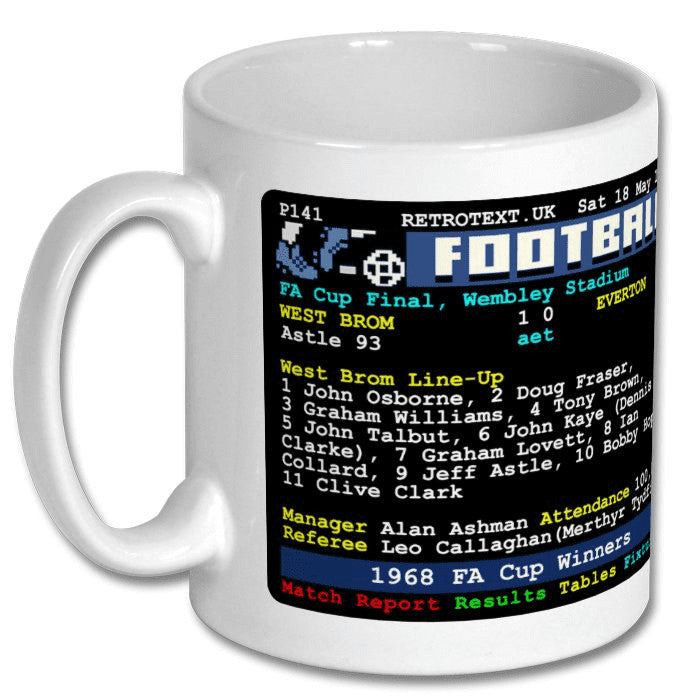 Retrotext white ceramic mug featuring a 1968 West Brom FA Cup final teletext design with Jeff Astle match details.