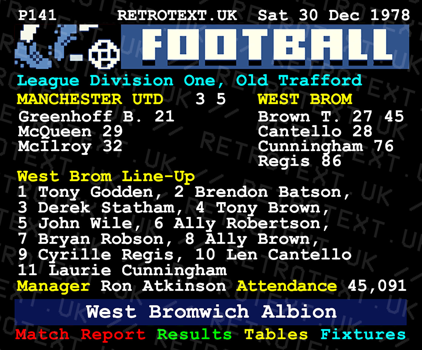 Retrotext ceramic mug featuring a vintage 1978 West Brom vs Manchester United Teletext football match score design