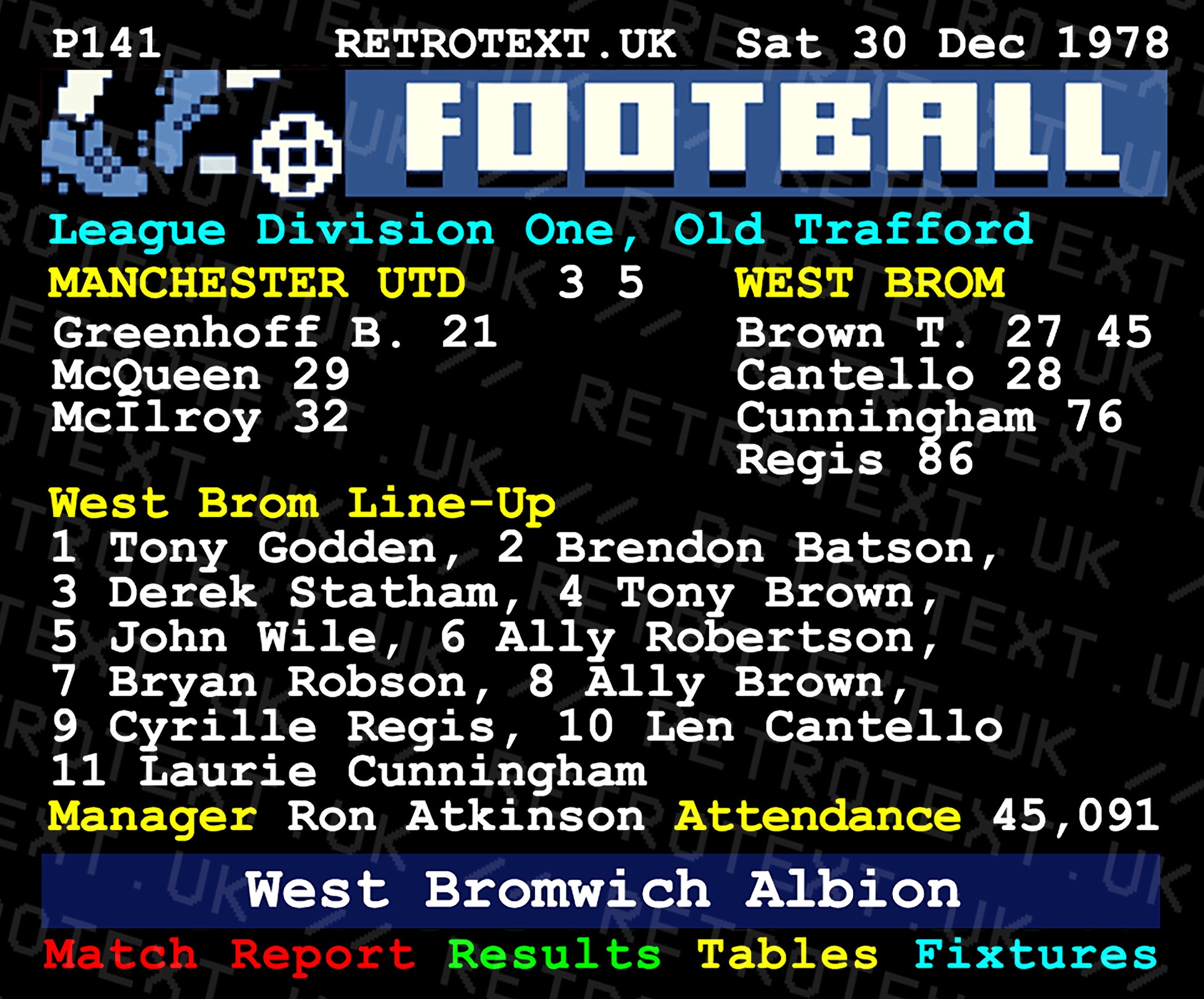 Retrotext ceramic mug featuring a vintage 1978 West Brom vs Manchester United Teletext football match score design