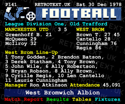 Retrotext ceramic mug featuring a vintage 1978 West Brom vs Manchester United Teletext football match score design
