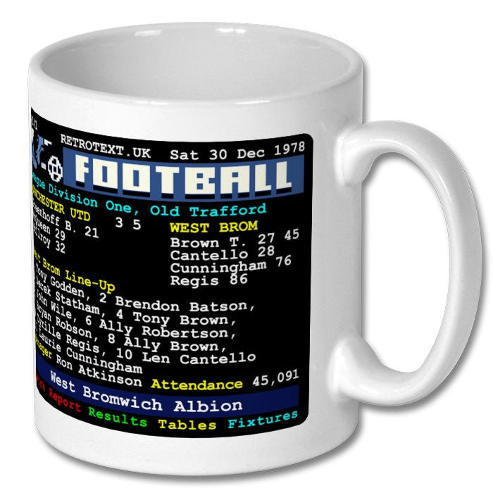 Retrotext ceramic mug featuring a 1978 West Bromwich Albion football teletext score graphic on a white background