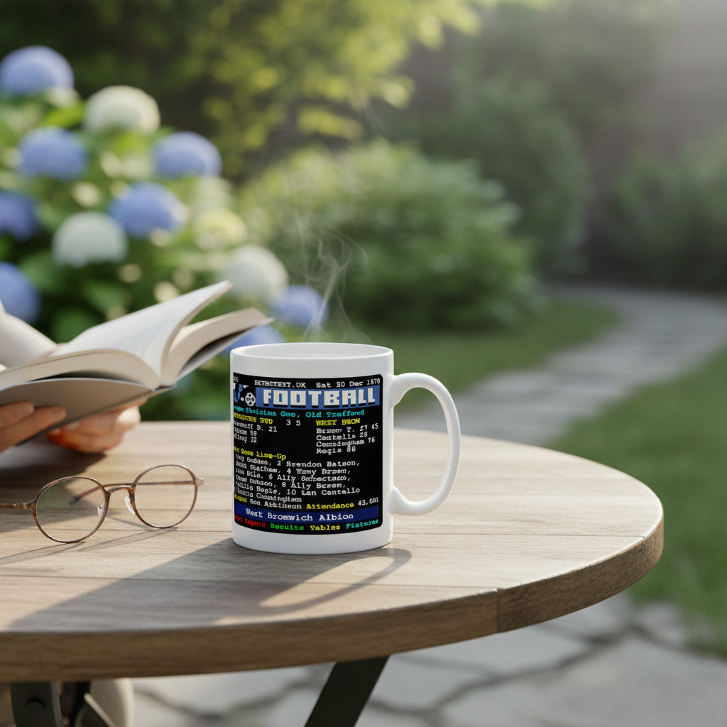 Retrotext ceramic mug featuring a 1978 West Brom football teletext score design on a garden table with a book.