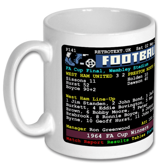 Retrotext white ceramic mug featuring a 1964 West Ham United FA Cup final teletext match report design