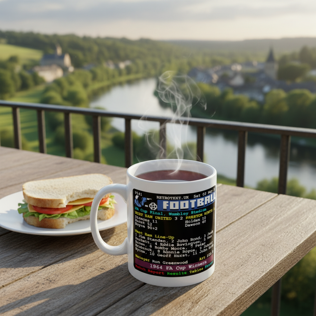 Retrotext West Ham United 1964 FA Cup winners teletext mug with steaming hot drink on a balcony table with a sandwich