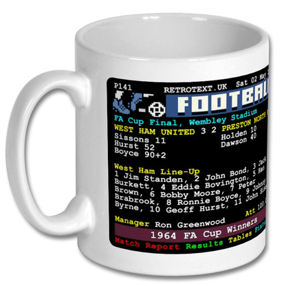 Retrotext West Ham United 1964 FA Cup winners mug featuring a vintage teletext style match report design