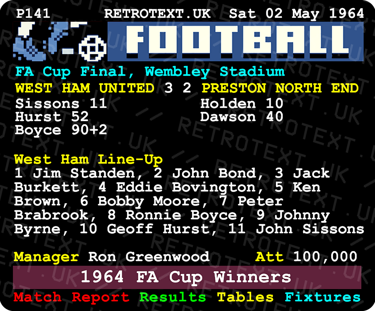 Retrotext West Ham United 1964 FA Cup Winners Bobby Moore teletext design mug with match details and team line-up