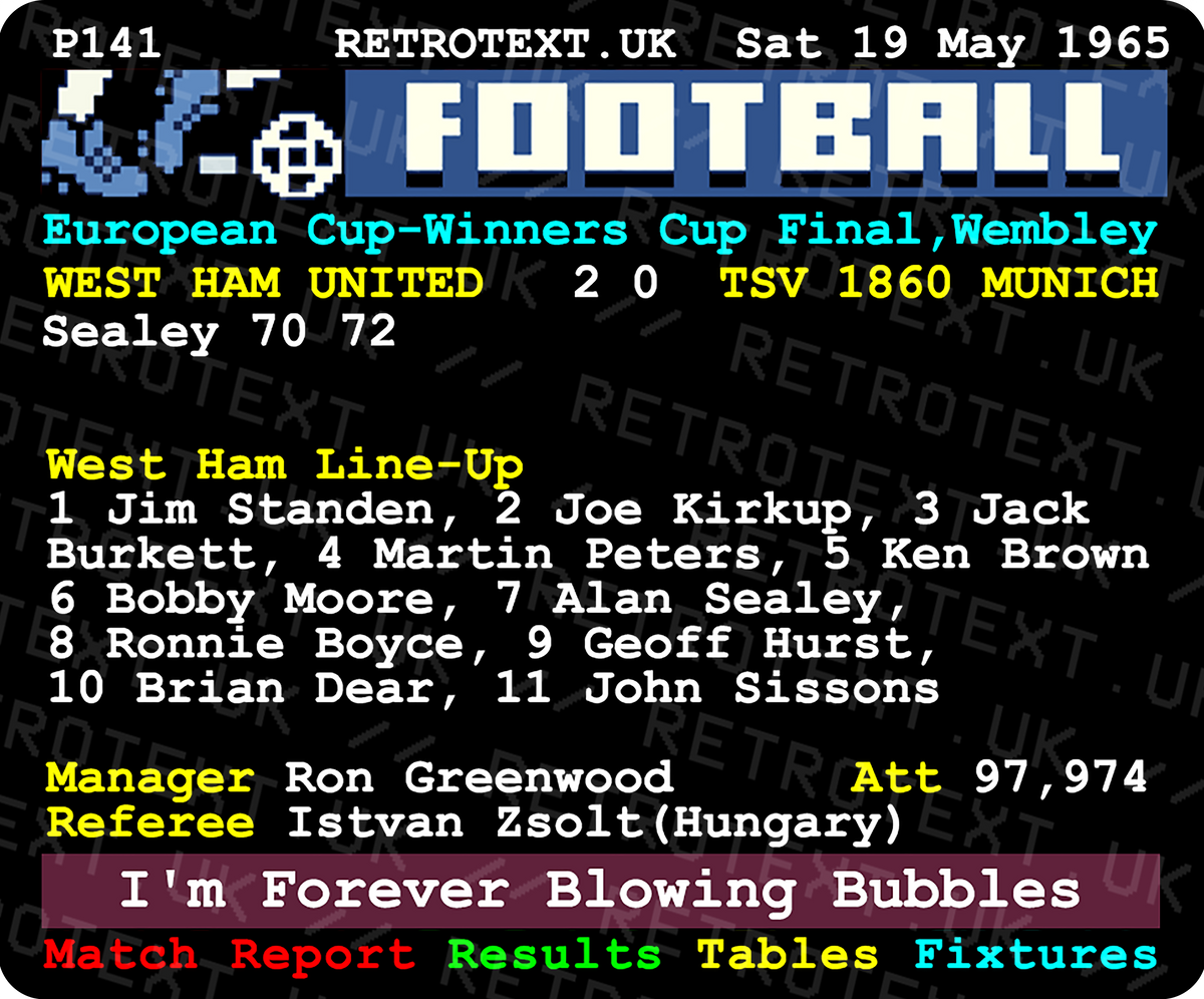 Retrotext West Ham United 1965 European Cup-Winners' Cup ceramic mug featuring a vintage teletext match report design.