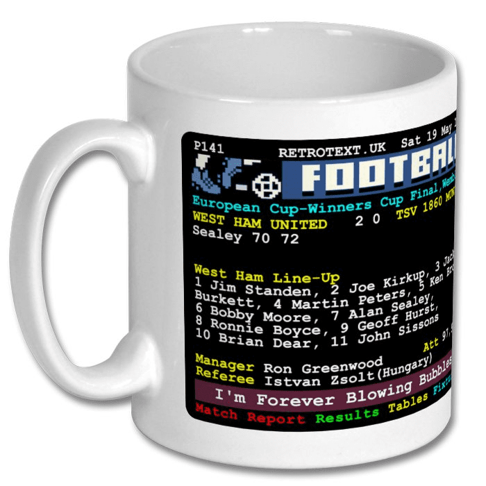 Retrotext West Ham United 1965 European Cup-Winners' Cup ceramic mug with vintage teletext football match report design