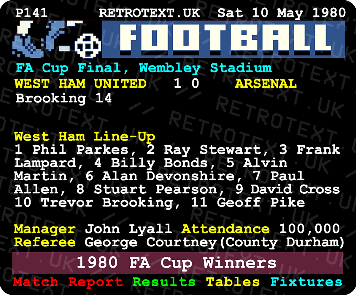Retrotext West Ham United 1980 FA Cup final teletext graphic mug featuring Trevor Brooking and team line-up details.