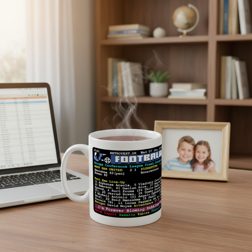 Retrotext West Ham United 2023 Europa Conference League winners ceramic mug with Jarrod Bowen teletext graphic design