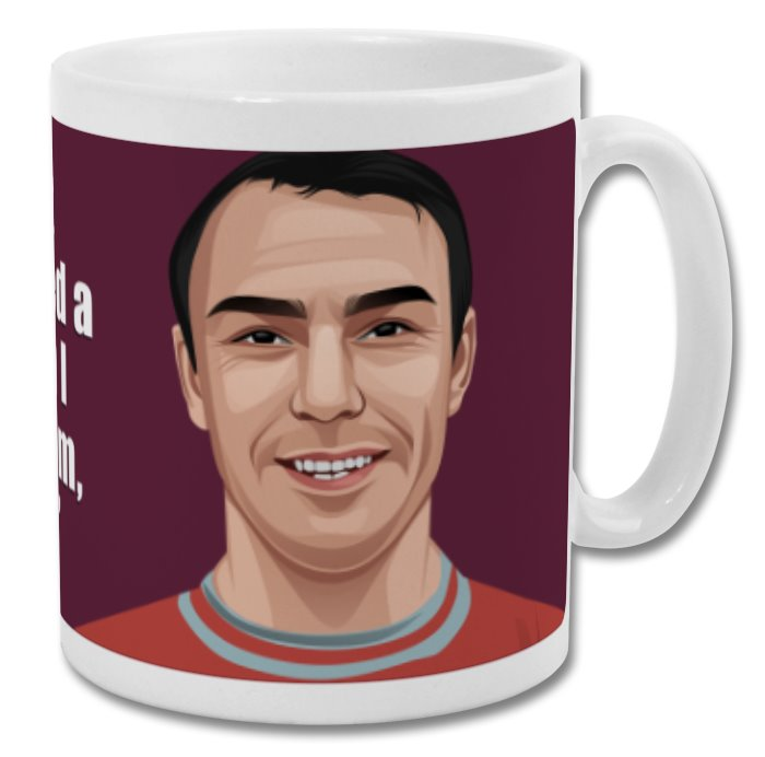 Retrotext West Ham United Jimmy Greaves 11oz glossy white ceramic mug with a wraparound illustration of the footballer