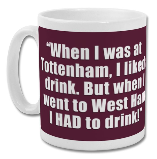 Retrotext West Ham United Jimmy Greaves quote mug with a glossy white finish and maroon wraparound text design
