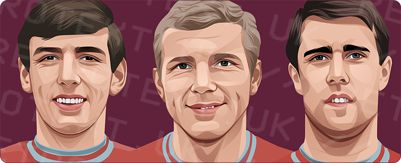 Retrotext West Ham United mug featuring illustrated portraits of Martin Peters, Bobby Moore, and Geoff Hurst.